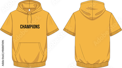 Men short sleeve hoodie technical flat sketch, front back view, casual streetwear apparel vector illustration mockup design template fashion branding