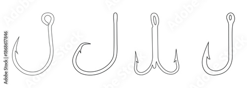 Fishing Hook and Nautical Anchor Icon Set in One Line and Silhouette Style, Minimal Vector Illustration Isolated on White Background