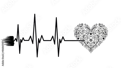 Heartbeat Line Art with Floral Heart: Love and Health Concept