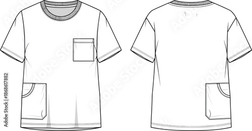 Pocket t shirt vector illustration, front and back view, short sleeve casual apparel fashion flat technical clothing mockup design template
