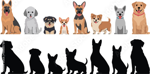 A charming collection of happy dog breeds shown in cartoon art style along with their sleek black silhouettes