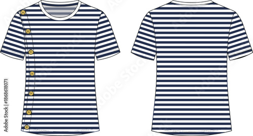 Striped t shirt vector illustration, button detail top, front and back view, short sleeve casual fashion apparel design mockup template