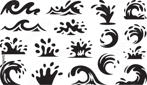 Water drops, black sea ocean waves stencil. Liquid elements, cry droplet icons vector set. Ink, sauce, river isolated splashes 