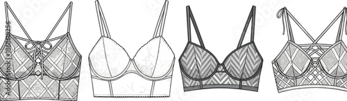 Women bralette bra collection technical flat sketch, front view, lace patterned lingerie apparel vector illustration design templates, fashion, mockup, set