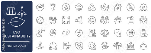 ESG and Sustainability Line Icon Set. Collection of environmental, social, governance, net zero, eco, renewable energy, equality, diversity, ethics business, CSR, and carbon symbols, Editable Stroke.