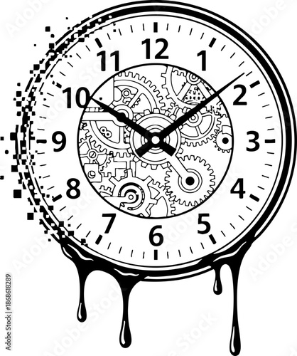 Melting clock face illustration with digital decay effect