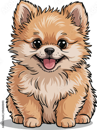 A charming fluffy ginger Pomeranian puppy sits patiently displaying an innocent happy smile