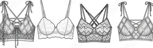 Women bralette lingerie vector illustration, lace and patterned bras collection, strappy design, fashion underwear apparel flat technical mockup set template