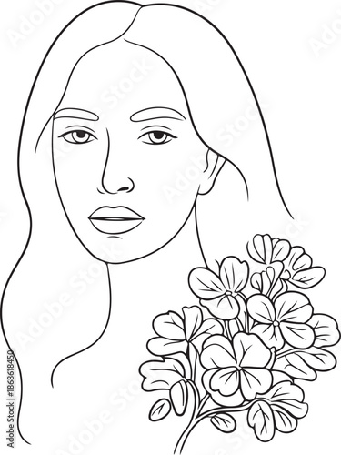 Woman face with flowers. Line art female hands with butterflies. One line vector drawing. Portrait minimalistic style. Botanical print. Nature symbol of cosmetics