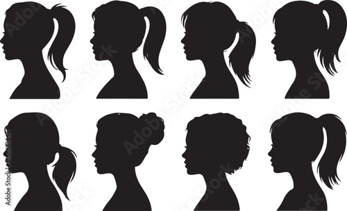 Woman heads in profile. Beautiful female faces profiles, black silhouette outline avatars, anonymous portraits with hairstyle vector set