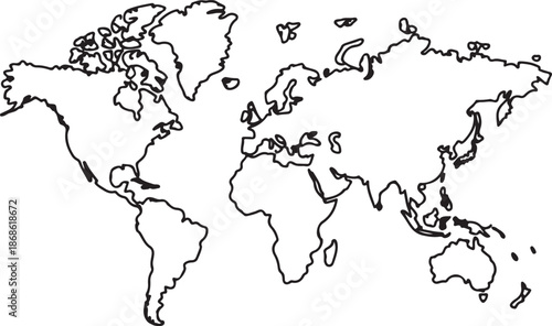 World map. Hand drawn simple stylized continents silhouette in minimal line outline thin shape. Isolated vector illustration