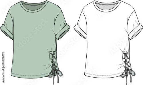 Women short sleeve lace up t shirt technical flat sketch, front back view, casual apparel vector illustration, design, mockup, template