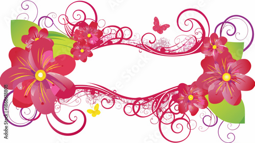 A refined floral frame with pink flowers and butterflies on a white background
