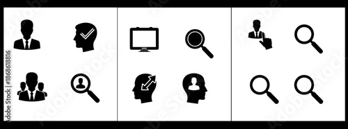 Black and white icons of people and magnifying glasses