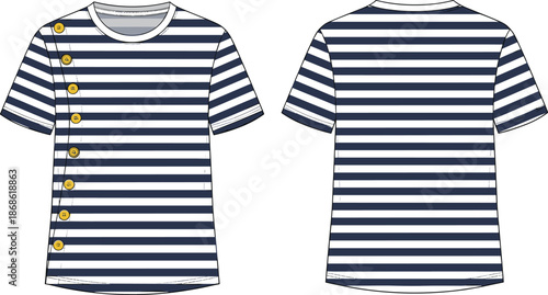 Women striped short sleeve t shirt technical flat sketch, front back view, button detail casual apparel vector illustration mockup