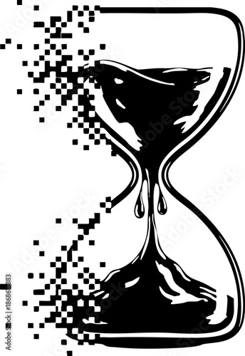 Abstract black and white hourglass dissolving into small digital pixels