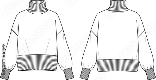 Women turtleneck sweater technical flat sketch, front back view, long sleeve knitwear apparel vector illustration, fashion design outline mockup