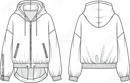 Women zip up hoodie technical flat sketch, front back view, long sleeve casual outerwear apparel vector illustration mockup template design
