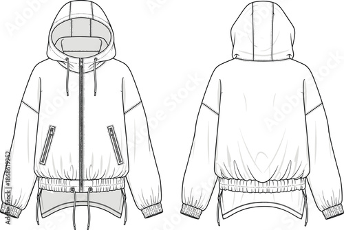 Zip up hoodie vector illustration, front and back view jacket, long sleeve casual streetwear fashion apparel mockup design template technical