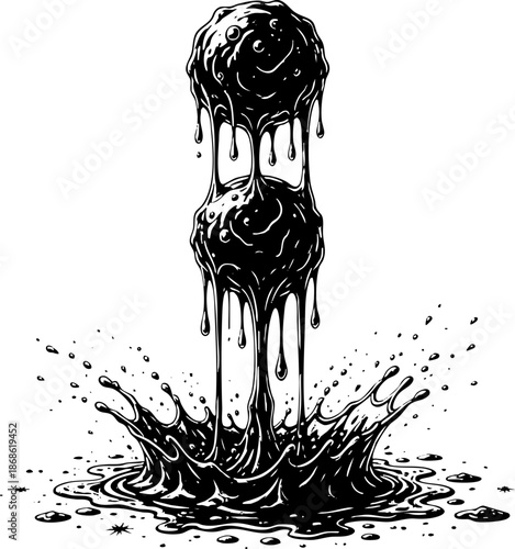 Abstract black spheres dripping thick liquid and splashing