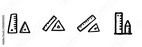 Ruler And Triangle Line Icon Set In Doodle Style. Measurement And Geometry Tools Outline Sketch Collection. Educational And Mathematical Instruments. Hand Drawn Isolated Vector Illustration
