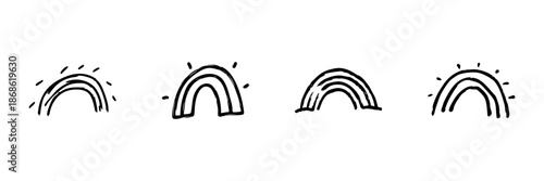 Hand-Drawn Rainbow Line Icon Set In Doodle Style. Symbol Of Hope, Positivity, And Diversity Outline Sketch Collection. Whimsical And Playful Design. Hand Drawn Isolated Vector Illustration
