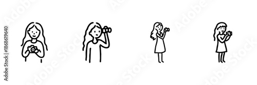 Female Photographer Line Icon Set In Doodle Style. Photography Enthusiast, Camera Handling, And Creative Expression Outline Sketch Collection. Hand Drawn Isolated Vector Illustration