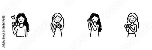 Female Photographers With Cameras Line Icon Set In Doodle Style. Photography Enthusiasts And Creative Expression Outline Sketch Collection. Hand Drawn Isolated Vector Illustration