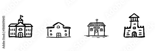 Government And Community Buildings Line Icon Set In Doodle Style. Public Services And Infrastructure Outline Sketch. School, Police Station, And Castle. Hand Drawn Isolated Vector Illustration