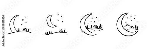 Crescent Moon And Countryside House Line Icon Set In Doodle Style. Nighttime Serenity, Rural Landscape, And Tranquil Living Outline Sketch Collection. Hand Drawn Isolated Vector Illustration