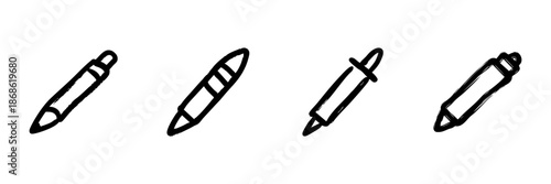 Ballpoint Pen Line Icon Set In Doodle Style. Writing Tools And Stationery Outline Sketch Collection. Office Supplies And Creative Design Elements. Hand Drawn Isolated Vector Illustration