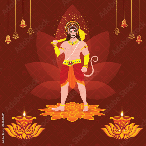 Lord Hanuman Standing on Sacred Lotus Flower with Glowing Oil Lamps for Hindu Festival Background