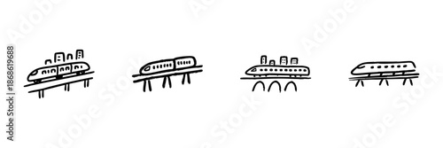 High-Speed Train Line Icon Set In Doodle Style. Urban Transportation And Infrastructure Outline Sketch Collection. Modern Rail Travel And City Connectivity. Hand Drawn Isolated Vector Illustration