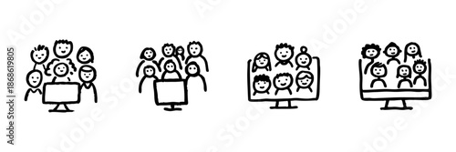 Group Video Conference Line Icon Set In Doodle Style. Virtual Meeting, Online Collaboration, And Remote Communication Outline Sketch Collection. Hand Drawn Isolated Vector Illustration