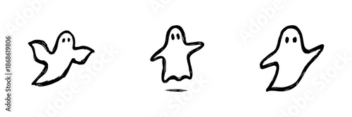 Ghost Line Icon Set In Doodle Style. Halloween, Spooky, And Supernatural Theme Outline Sketch Collection. Hand Drawn Isolated Vector Illustration