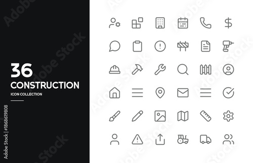 Construction Line Icons Set – Building, Engineering, Architecture Tools, Perfect for construction websites, real estate platforms, engineering software, and business presentations.
