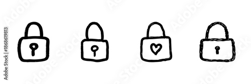 Padlock Line Icon Set In Doodle Style. Security, Privacy, And Love Protection Outline Sketch Collection. Hand Drawn Isolated Vector Illustration
