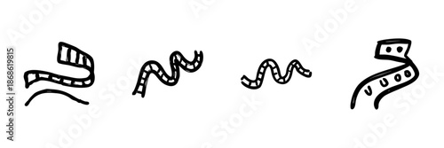 Film Strip Line Icon Set In Doodle Style. Cinematic Art, Movie Production, And Film Industry Outline Sketch Collection. Hand Drawn Isolated Vector Illustration