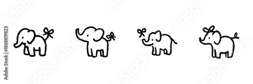 Cute Elephant Line Icon Set In Doodle Style. Playful Animal Illustrations With Bow Ties Outline Sketch Collection. Adorable And Whimsical Design. Hand Drawn Isolated Vector Illustration