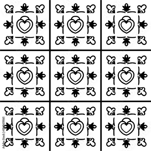 Black and white tiled pattern with heart and floral motifs arranged in a square grid formation design element