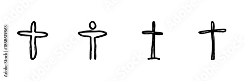 Cross And Human Figure Line Icon Set In Doodle Style. Spirituality, Faith, And Religion Symbolism Outline Sketch Collection. Hand Drawn Isolated Vector Illustration