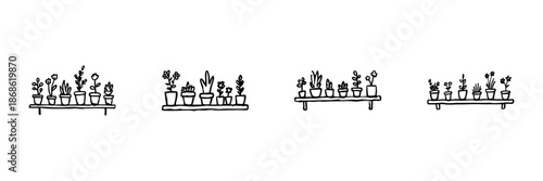 Potted Plants On Shelves Line Icon Set In Doodle Style. Indoor Gardening, Home Decor, And Plant Care Outline Sketch Collection. Botanical Illustration. Hand Drawn Isolated Vector Illustration