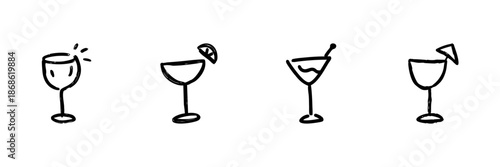 Cocktail Glasses Line Icon Set In Doodle Style. Beverage Variety, Party Drinks, And Mixology Outline Sketch Collection. Hand Drawn Isolated Vector Illustration