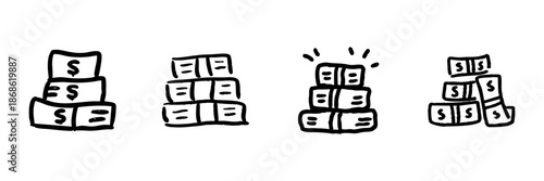 Stacks Of Money Line Icon Set In Doodle Style. Financial Growth, Wealth Accumulation, And Investment Outline Sketch Collection. Hand Drawn Isolated Vector Illustration