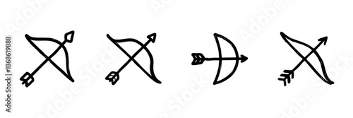 Bow And Arrow Line Icon Set In Doodle Style. Archery, Hunting, And Target Practice Outline Sketch Collection. Traditional Weaponry Symbols. Hand Drawn Isolated Vector Illustration