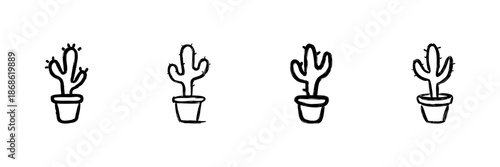 Potted Cactus Line Icon Set In Doodle Style. Indoor Plant, Succulent Care, And Home Decor Outline Sketch Collection. Botanical Illustration. Hand Drawn Isolated Vector Illustration