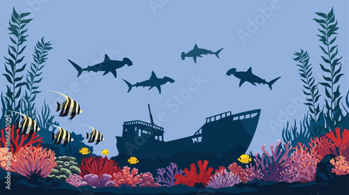Shipwreck underwater, coral reef, hammerhead sharks, tropical fish, marine life, ocean biodiversity, sunken vessel, aquatic habitat, sea creatures, reef illustration, deep ocean