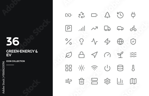 Green Energy & EV Line Icons Set – Renewable, Electric Vehicle, Eco Power, Ideal for energy startups, EV apps, sustainability dashboards, and environmental projects.