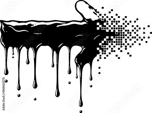 Melting hand transitioning to digital pixels and flowing right arrow.