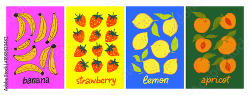 Funky crayon drawn fruits poster collection. Colorful chalk and crayon texture fruit illustration with lettering. Lemon, banana, apricot and strawberry clip art collection. Kid's drawing food posters.